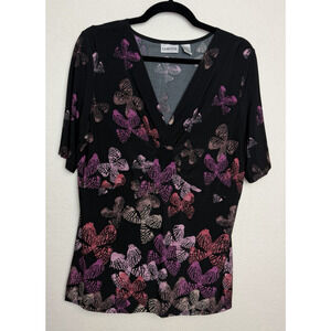 Chico's Women's Short Sleeve V-Neck Black Top Size L (2) Butterfly Pattern